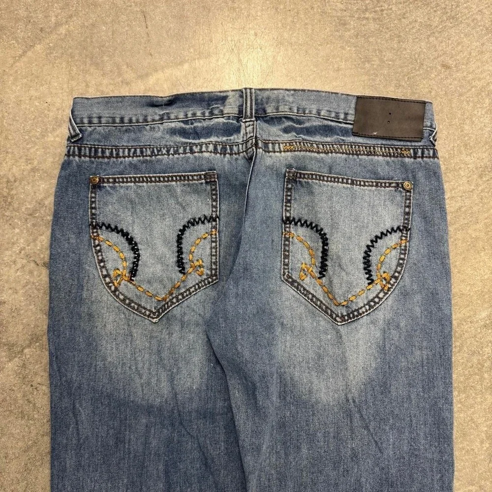 Baggy Embroidered Jeans Y2K Faded Skater Wide Leg Lightwash Denim Jeans 40x32